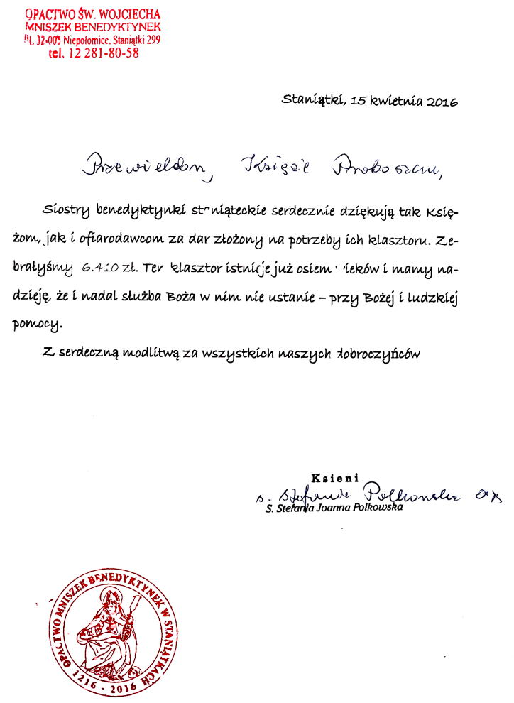 20160703 podziekowania benedyktynki