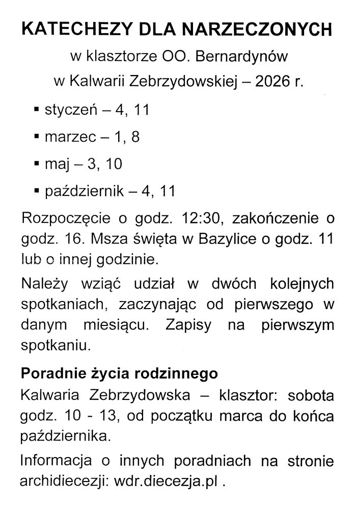 Informacja o katechezach dla narzeczonych